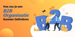 Promotionele afbeelding met tekst 'Hoe zou je een B2B Organisatie Kunnen Definiëren' naast illustraties van zakelijke figuren, symbolisch voor het benaderen van zakelijke klanten.
