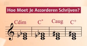 An educational musical notation graphic showing how to write different types of C chords on a staff, asking "How to Write Accordions?" in Dutch. Essence of agreement.