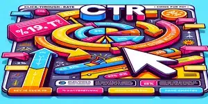 Een kleurrijke en dynamische CTR-verklaring illustratie, weergegeven als een complex bordspel met verschillende routes en percentages, symboliserend de analyse van de click-through rate in online marketing.