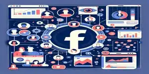 en illustratie voor een blogpost over hoe adverteren op Facebook werkt, met het 'F'-logo van Facebook, omgeven door pictogrammen van verschillende advertentieformaten, demografische grafieken en het dashboard van Facebook Ads Manager.