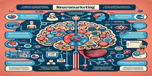 Een gedetailleerde infographic over neuromarketing, met een gedetailleerd brein en omringende iconen en grafieken die marketingelementen en consumentengedrag uitbeelden, onderstrepend hoe neuromarketing in bedrijven wordt gebruikt.