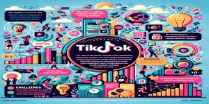 Een kleurrijke en levendige infographic die de verschillende aspecten van TikTok belicht, bekend als een TikTok Creatief Centrum voor korte, creatieve videocontent.