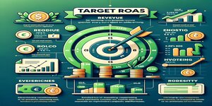 Gedetailleerde infographic met het concept van 'Target ROAS' en verschillende statistieken en symbolen die belangrijk zijn voor zoekmachine optimalisatie.