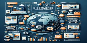 Gedetailleerde infographic over de werking van e-commerce met diverse elementen zoals winkelwagentjes, wereldkaart, en financiële iconen, die ook de e-commerce nadelen kunnen omvatten.