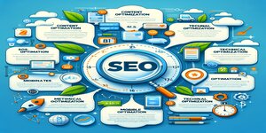 A detailed and colorful infographic about SEO, with various strategies and tools needed for effective SEO