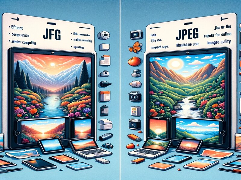 Een illustratie die de voor- en nadelen van 'JPG versus PNG' afbeeldingsformaten uitbeeldt, met een focus op de toepassingen en kwaliteit van beide typen in de context van digitale media.