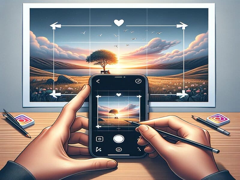 Een creatieve weergave van het bewerken van een Instagram-post met een focus op 'Optimale Instagram-beeldformaten', ideaal voor digitale kunstenaars en sociale media professionals.