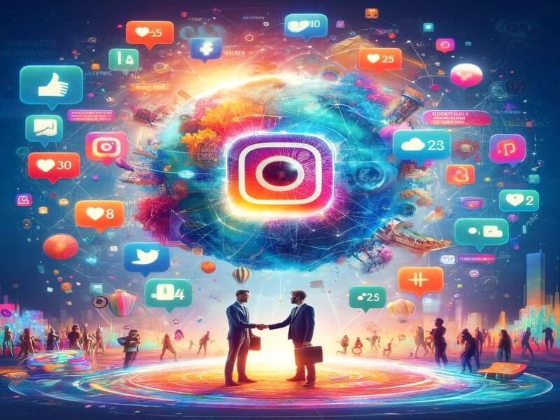 Een dynamische en fantasierijke weergave van sociale media-uitwisselingen, die de kracht van 'Adverteren op Instagram' illustreert in een digitaal tijdperk.