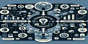Een complexe infographic die verschillende aspecten van een concurrentieanalyse uitvoeren weergeeft, met symbolen en diagrammen die gerelateerd zijn aan bedrijfsstrategieën, marktonderzoek en financiële gegevens.