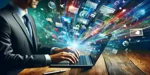Een persoon in zakelijk pak typt op een moderne laptop aan een houten bureau. Kleurrijke webpagina's stromen uit het scherm, symboliserend dynamische online activiteit.