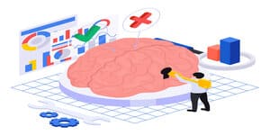 Grafische voorstelling van neuromarketing analyse met een grote hersenafbeelding en symbolen die marketingstrategieën vertegenwoordigen, wat de toepassing van neuromarketing in bedrijven laat zien.