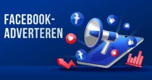 Een grafische afbeelding in blauwe tinten met een tablet waarop een megafoon en pictogrammen van sociale media worden weergegeven, wat wijst op Facebook-adverteren, met de tekst 'FACEBOOK-ADVERTEREN' erboven.