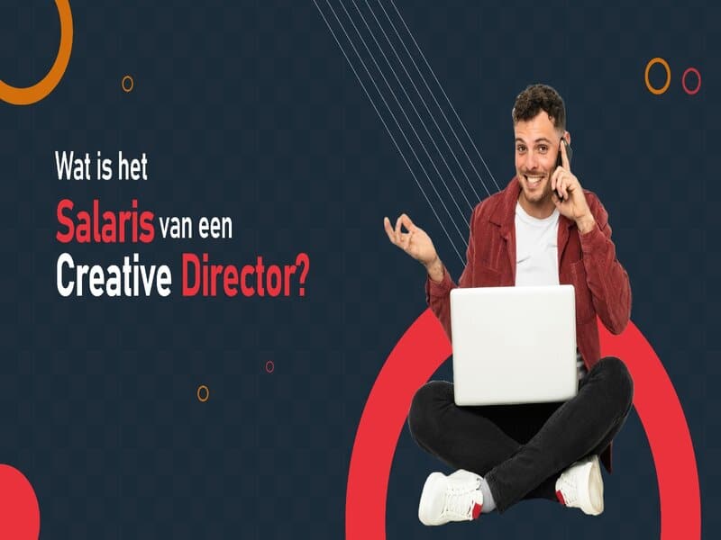 Illustratie die een vraag stelt over het salaris van een Creative Director, met een vrolijke man zittend met een laptop en telefoon, wat de interactieve natuur van werk in creative en digital agencies toont.