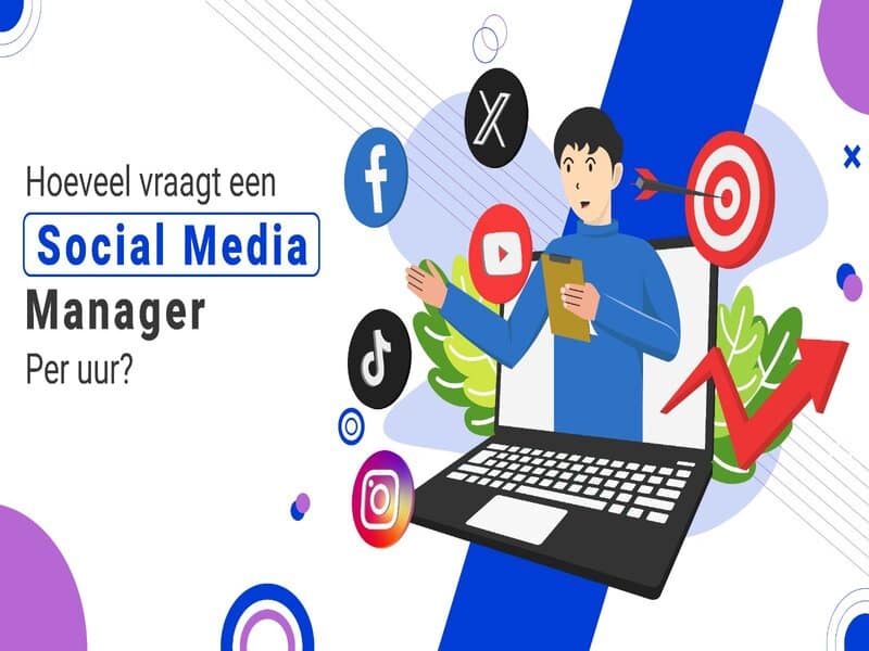 llustratie met een vraag over het uurtarief van een Social Media Manager, omgeven door symbolen van diverse sociale media platforms, wat de verscheidenheid en het belang van digitale marketing in NL benadrukt.