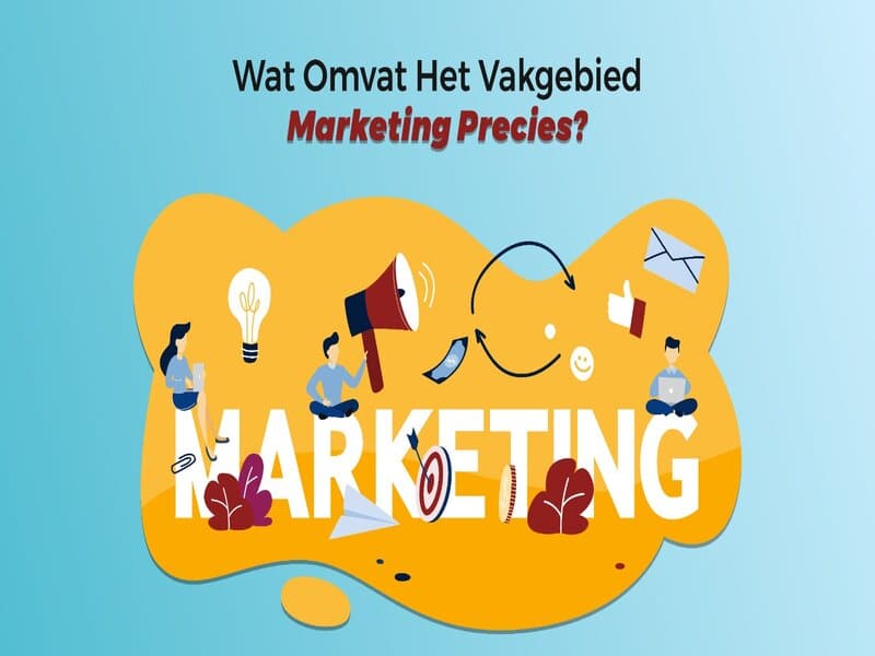llustratieve afbeelding met een vraag over de inhoud van het vakgebied marketing, met diverse marketingelementen en mensen die werken aan creatieve concepten als representatie van marketing in Nederland.