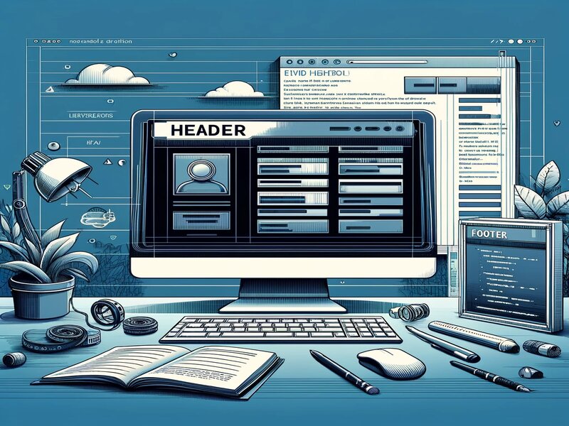 Een artistieke weergave van een desktop met een scherm dat de opbouw van een website toont, inclusief 'Kopregel en Titel'. Een ideale metafoor voor de structuur en design van een webpagina.