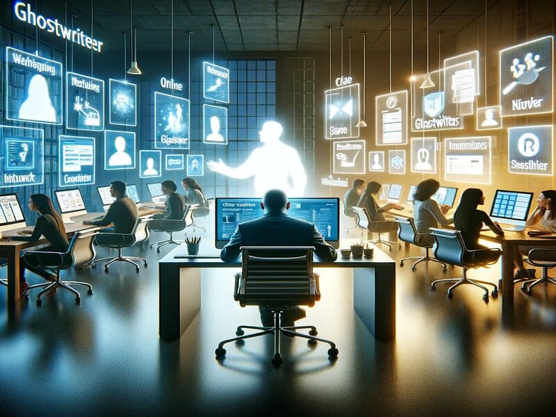 Een moderne kantooromgeving waar verschillende personen aan computers werken, wat mogelijk wijst op 'Spookachtig schrijven'. De schermen tonen gerelateerde termen en dragen bij aan het mysterieuze thema van ghostwriting.