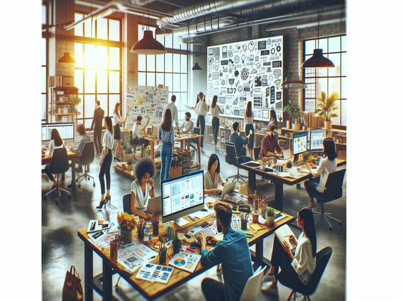 Afbeelding van een levendig reclamebureau vol met professionals die samenwerken in een open kantoorruimte, illustratief voor de dynamische werkomgeving van reclamebureaus in Nederland.