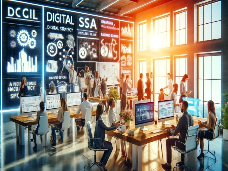 Afbeelding van een bruisend kantoor waar mensen werken aan digitale strategieën en data-analyse, wat de energieke sfeer van een creative en digital agency weergeeft.