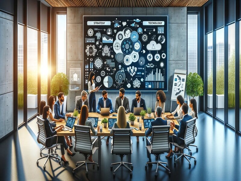 Afbeelding van een zakelijke bijeenkomst met een team dat werkt aan marketingstrategieën rondom een grote tafel in een modern kantoor, wat het belang van samenwerking in inkomen en functies in marketing benadrukt.