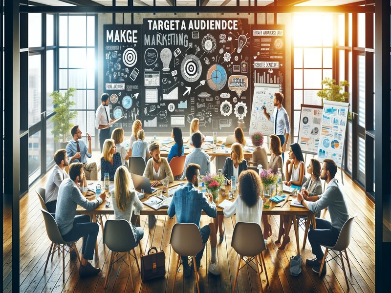 fbeelding van een marketingteam in een vergadering met discussie over doelgroeptargeting en marketingstrategieën, wat een dynamische werkplek binnen marketing in NL laat zien.