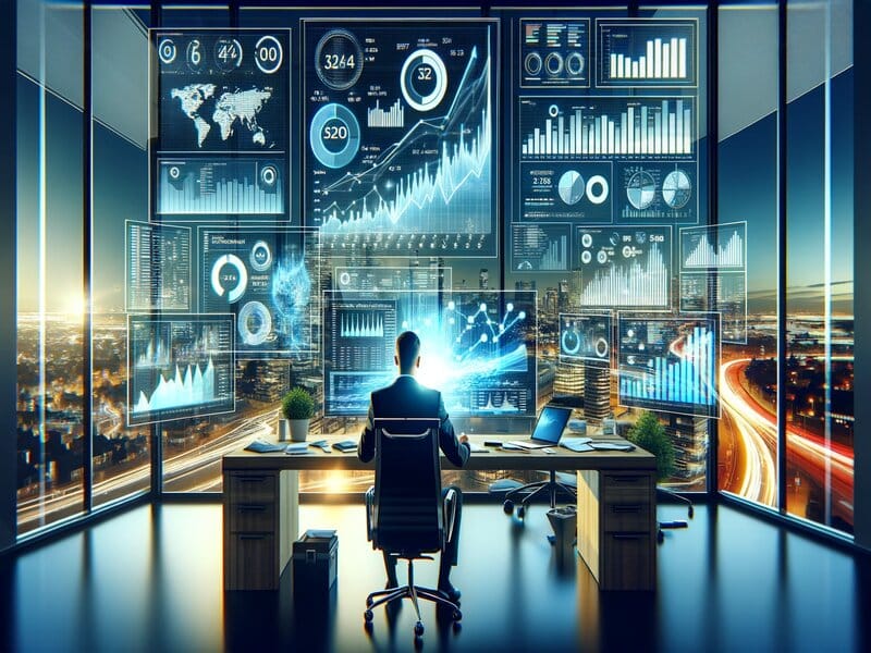 Afbeelding van een persoon die in een moderne kantoorruimte zit voor een muur van schermen met data en grafieken, een voorstelling van data-analyse en management in online marketing Nederland.