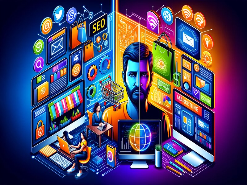 Kleurrijke en levendige illustratie die verschillende aspecten van online marketing weergeeft, zoals SEO, sociale media, en e-commerce, gevat in een complex en dynamisch digitaal ecosysteem, kenmerkend voor de online marketing industrie in NL.