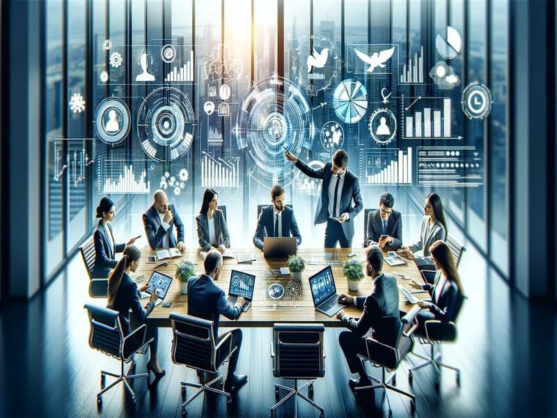 Afbeelding van een zakelijke bijeenkomst in een vergaderruimte met geavanceerde digitale datavisualisatie in de lucht, wat wijst op een hightech benadering van marketing in Nederland.