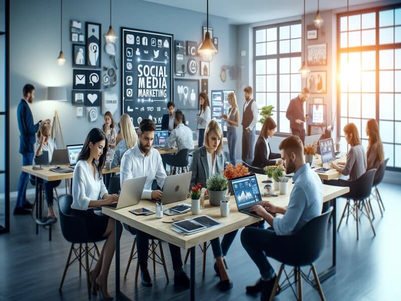 Afbeelding van een modern kantoor vol professionals die aan hun laptops werken in een open werkruimte met visuals die gerelateerd zijn aan socialemediamarketing, een voorbeeld van een werkomgeving in de creatieve industrie.