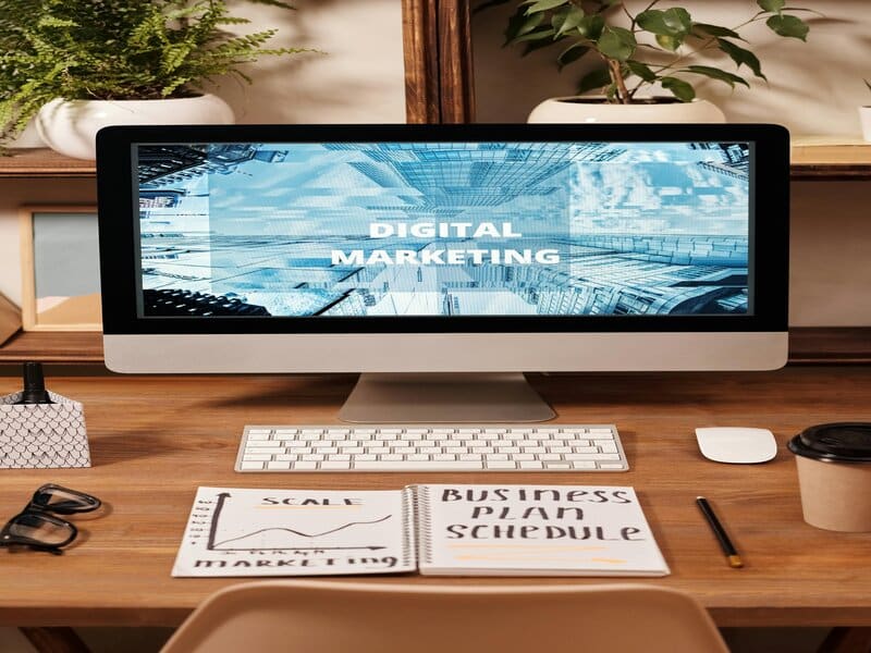 Foto van een werkplek met een desktopcomputer met "Digital Marketing" op het scherm, omringd door marketingplannen en aantekeningen, een toetsenbord, muis, een bril en een koffiekopje, typerend voor een setting in de creatieve industrie.